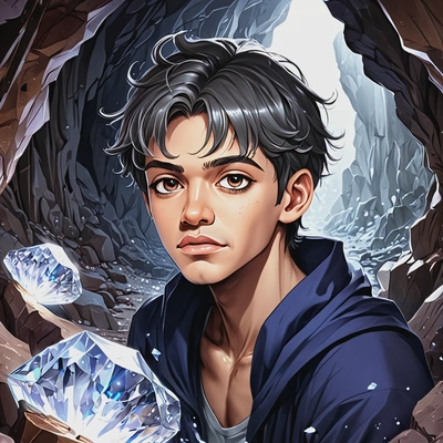 in a cavern filled with sparkling crystals, anime style, big eyes, manga drawing