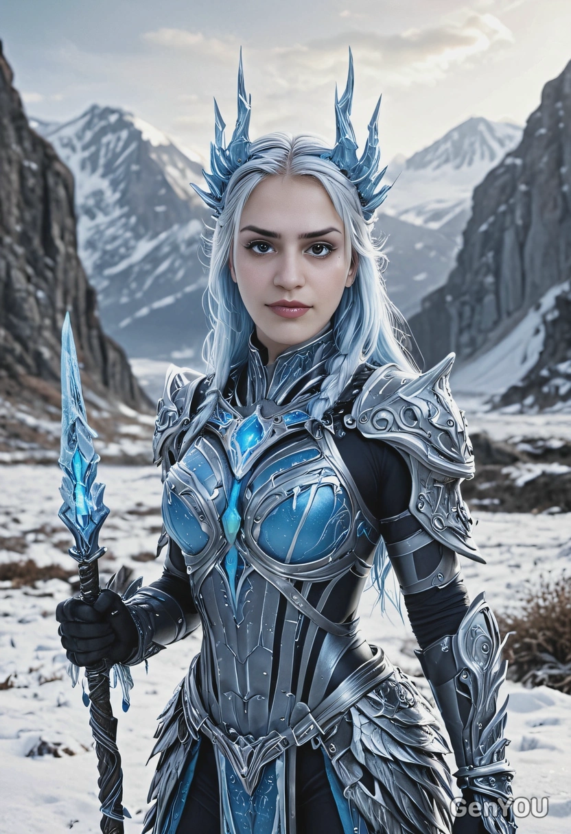 as a frost creature, with icicles for hair and glowing blue eyes, carrying a forzen scepter, standing in an eternal winter wasteland, looking directly at you, vivid colors, symmetrical clothing details, video game style, high-quality stylized art