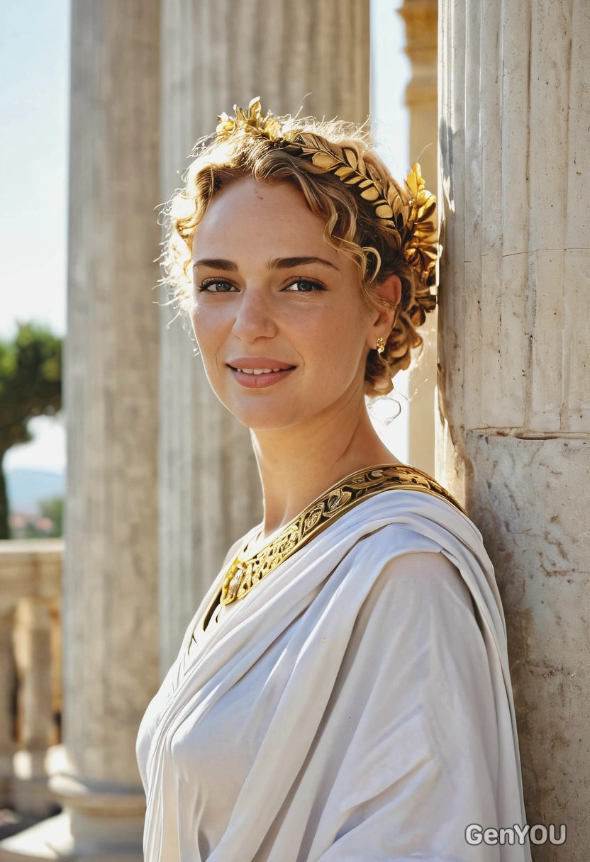 hyperralistic face skin texture details, A powerful Roman noblewoman in a white toga with golden brooches, standing among marble columns, laurel in hair, blurry  background, bright sun rays, long shadows