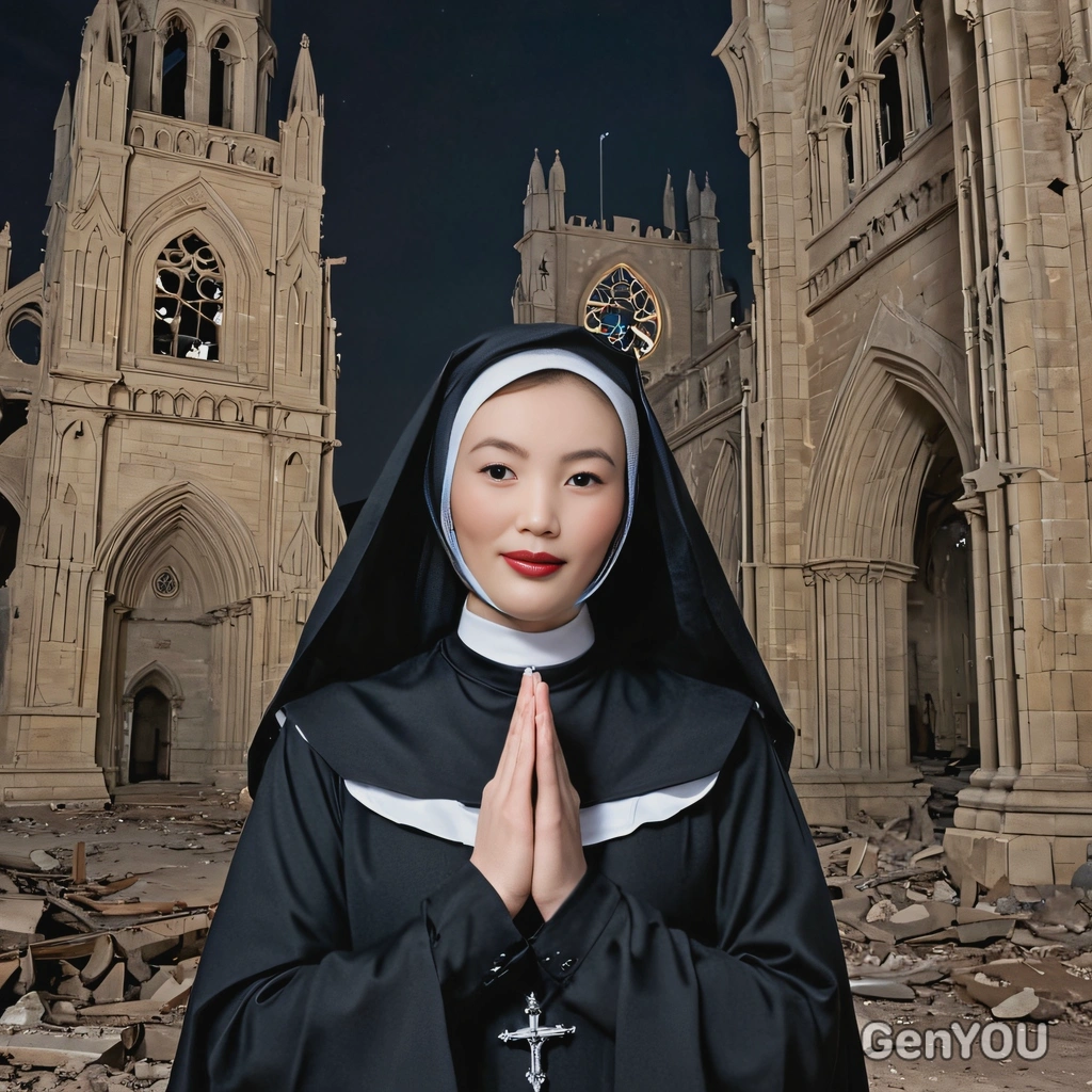 as a gothic nun, standing in front of a ruined cathedral with eerie, night time