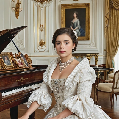 a duchess in a lavish gown with a high collar, sitting gracefully by a grand piano in a room adorned with royal portraits