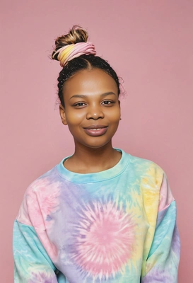 headshot, with a high bun, wearing a pastel tie-dye sweatshirt, against a plain pastel background
