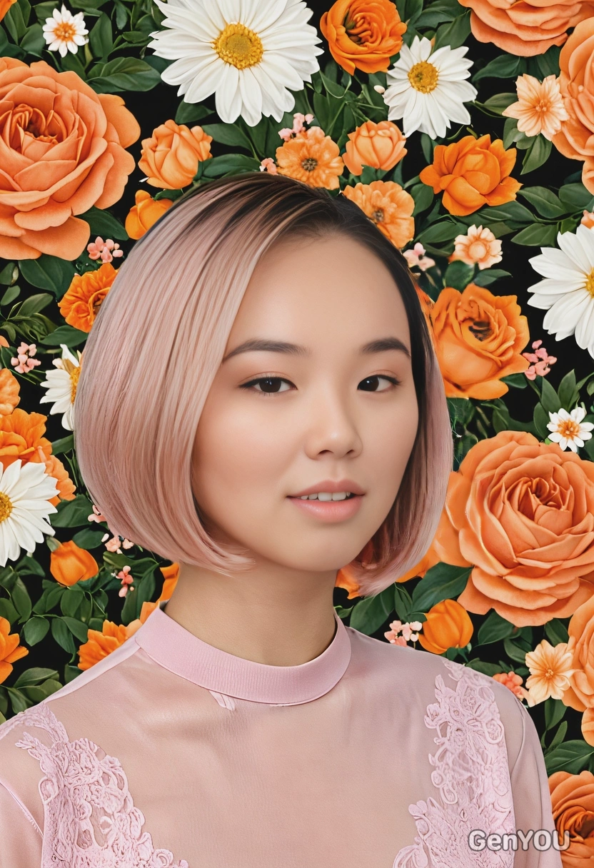 chin-length bob dyed in pastel rose gold with soft orange undertones, styled with blunt ends, set against a vibrant floral background