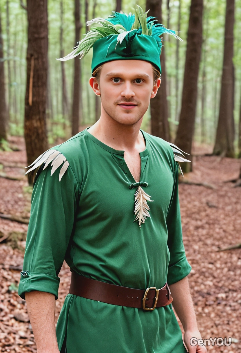 As Peter Pan, dressed in a green tunic and hat with a feather, standing at the forest