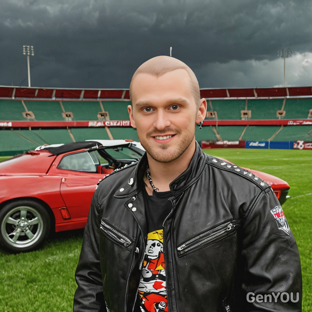 as a mad racer, punk rock black leather jacket with metal studs, smiling, tattoos on face, bald head, standing in front of a red Chevrolet Corvette 1993, a green football stadium field, looking straight at camera, dark stormy sky, vivid colors, high-quality cinematographic style