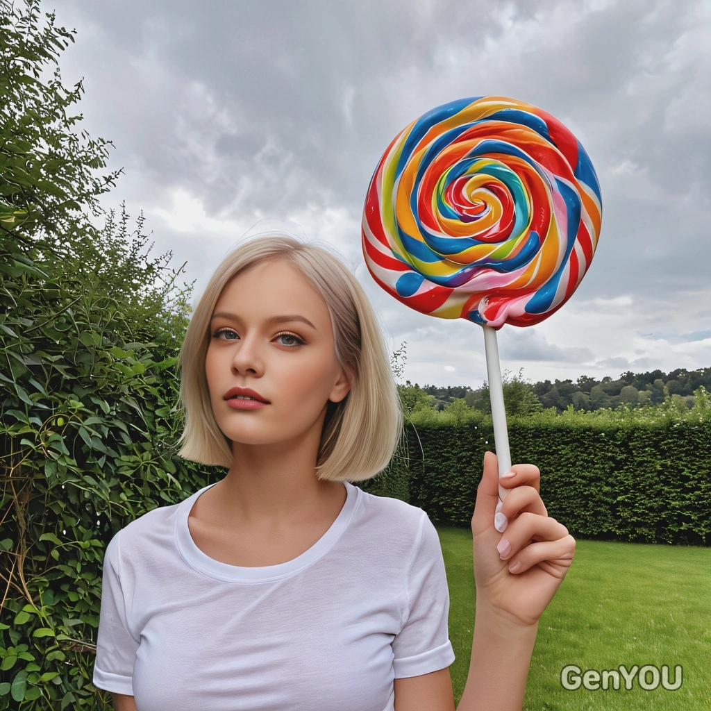 holding a giant lollipop that’s bigger than me, staring into the distance
