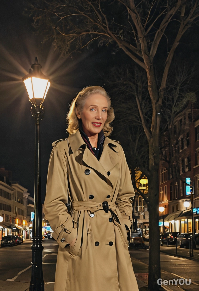 a woman standing under a vintage streetlamp at night, wearing a trench coat, creating a shimmering glow around her