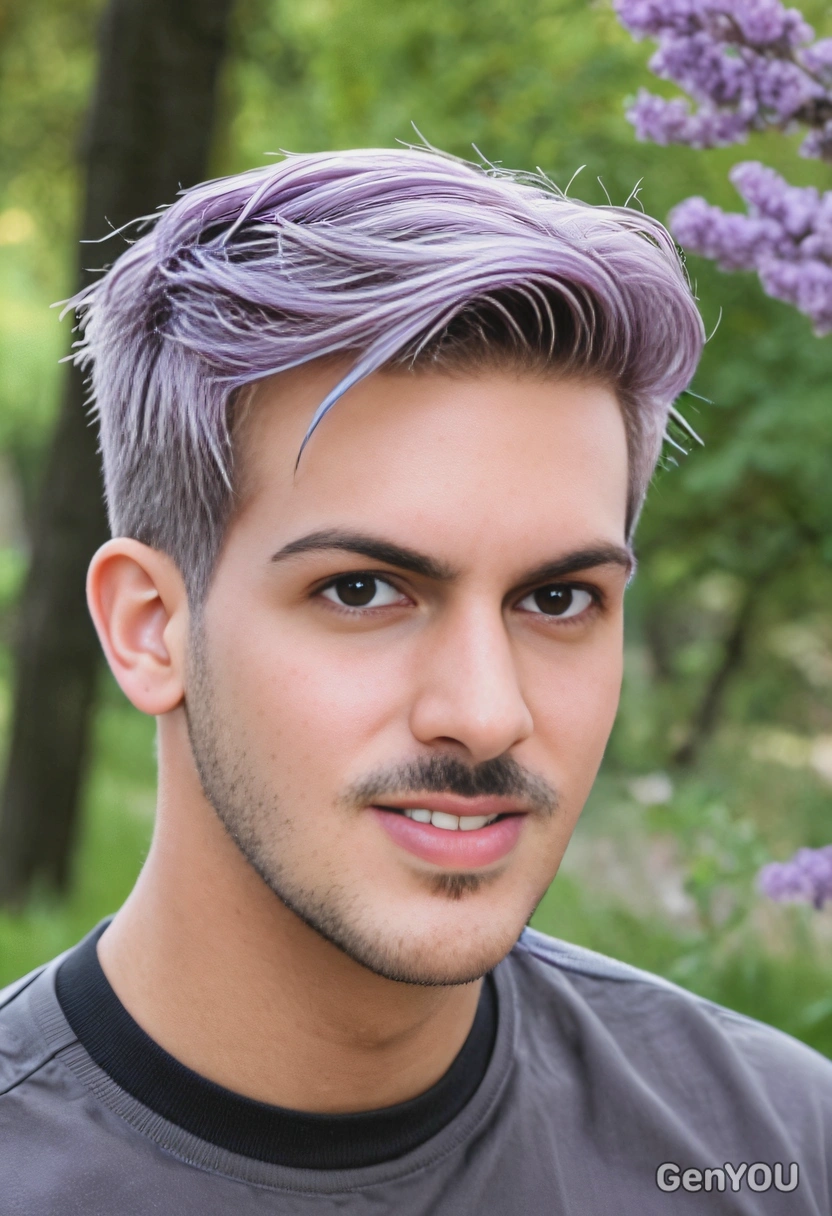 short buzz fade with a pastel lavender hue, soft focus, blurred background