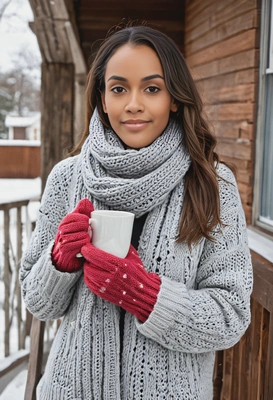 on a porch, wrapped in a knit scarf and mittens, holding a warm mug