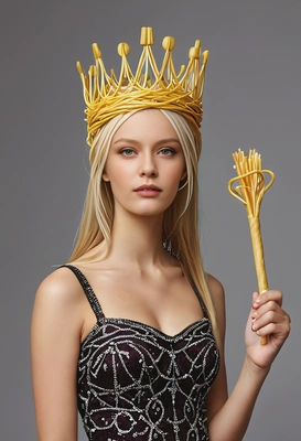  wearing a crown made of spaghetti, holding a scepter made of breadsticks