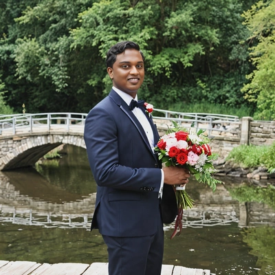 as a groom, standing near a bridge over a tranquil river, holding a bouquet, wearing a tailored suit, with trees reflected in the water below