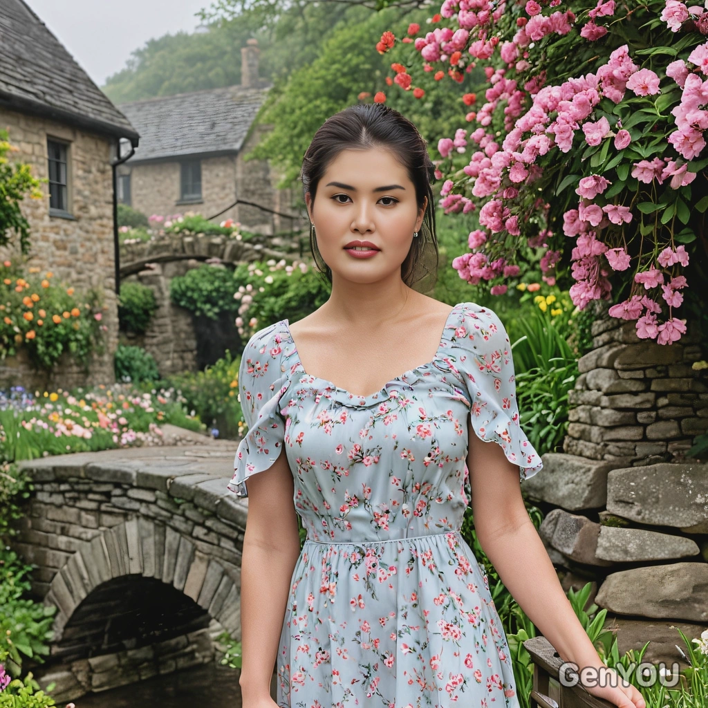 in a light pastel dress, standing near a stone bridge in a quaint village garden, with flowers in full bloom and the air fresh with the scent of spring rain, half body portrait 