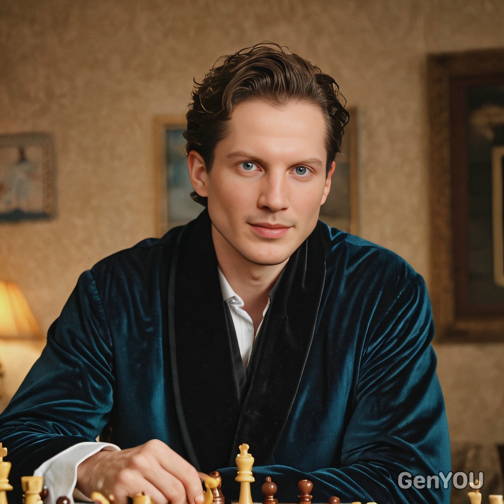 in a velvet smoking jacket, playing chess by candlelight, blurred background, soft focus, looking at viewer