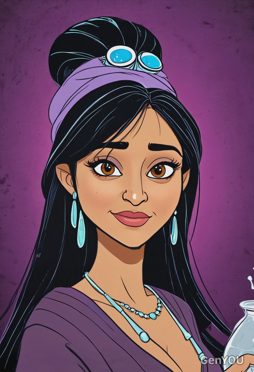 Hand-drawn flat cartoon style, Yzma from Emperor’s New Groove, sharp outlines, oversized cartoon big sparkling eyes, potion glow lighting, waist-up portrait, secret lab background