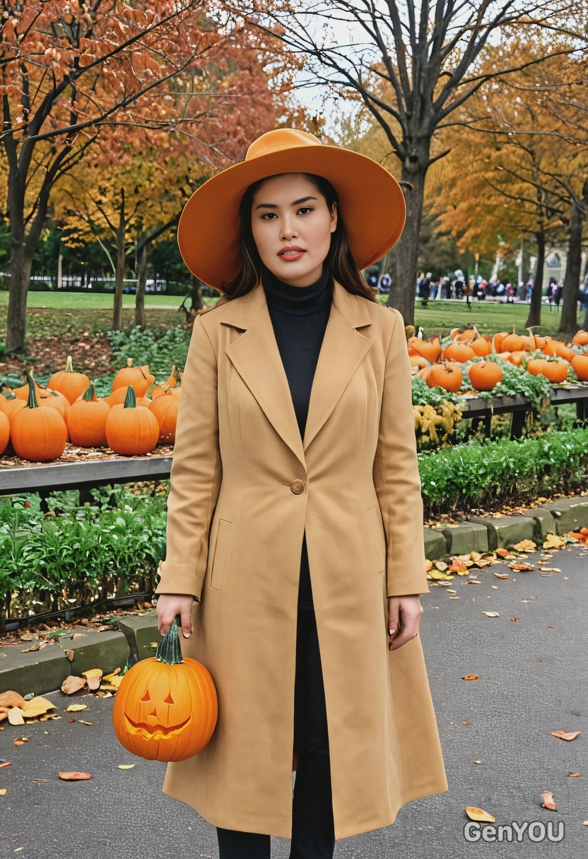 with a carved pumpkin, wearing a wide-brimmed hat and long coat