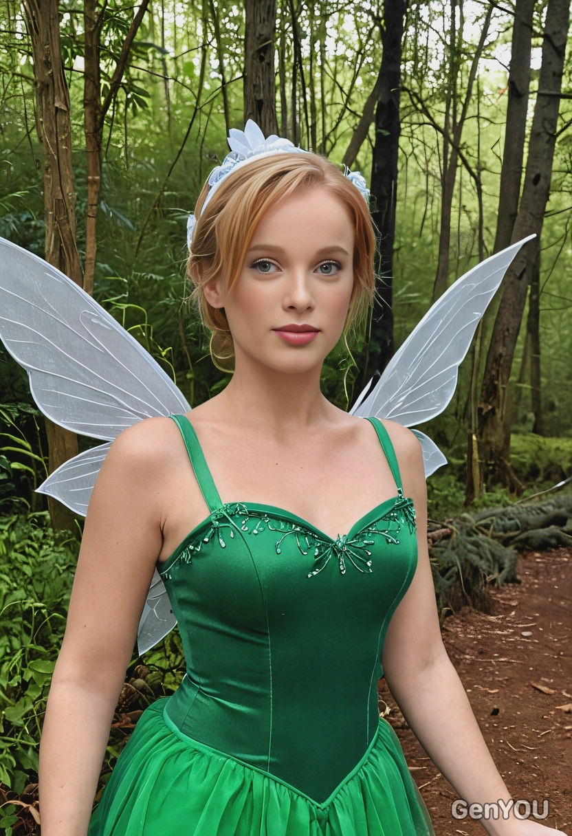 As TinkerBell, wearing a green dress with fairy wings, standing on an enchanted forest