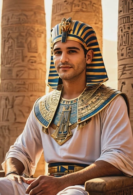 Ancient Egypt, Royal Pharaoh with nemesis crown, detailed collar, robe, sitting on the throne, blurry ancient egyptian temple background, sunset sun rays from the window, natural colors