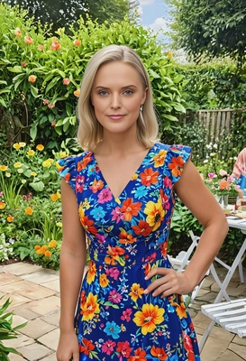 in a bright, colorful floral dress, standing in the middle of a garden party