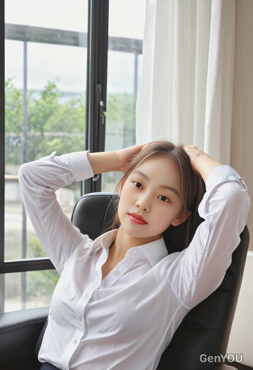 as a businessperson taking a break, jeasn and white shirt, heads up behind head, leaning back in armchair at the window