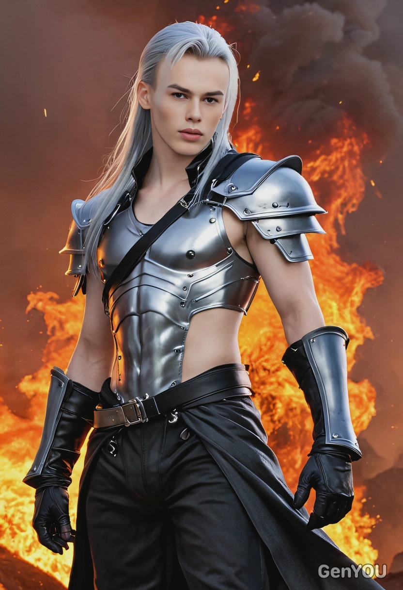 as Sephiroth from Final Fantasy VII, standing against a fiery backdrop