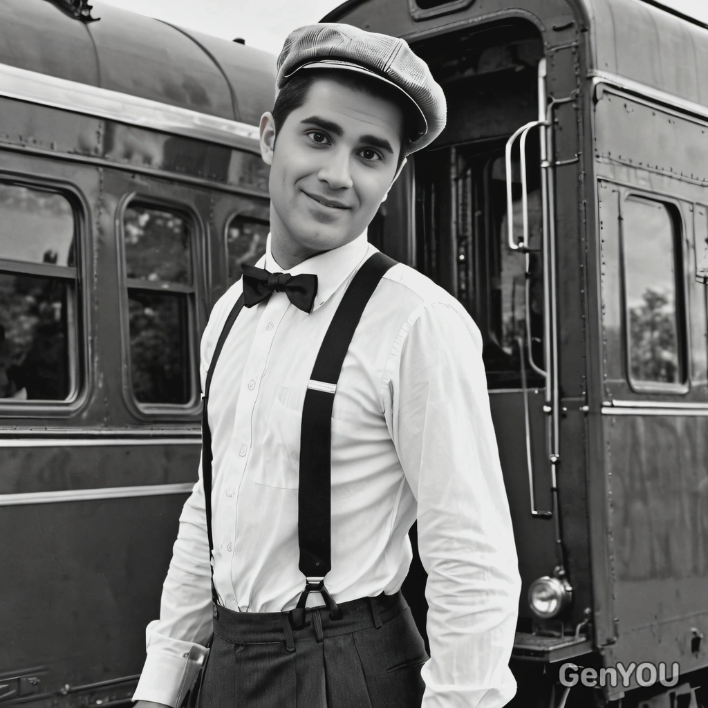 in 1930s suspenders and cap, standing beside a vintage train, in black and white