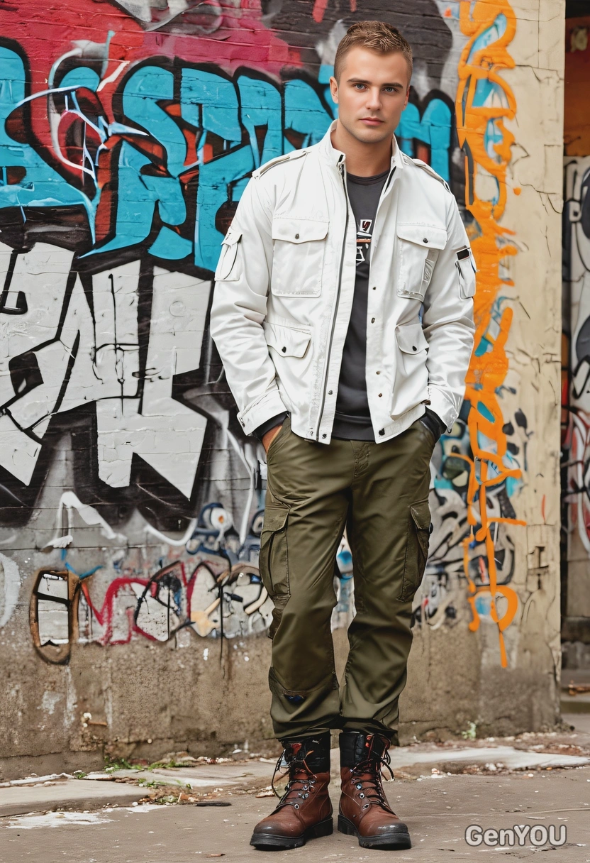in a utility jacket, cargo pants, and boots, standing in front of a graffiti-covered wall, blurred background, soft focus, sharp skin texture, soft diffused light highlighting his features