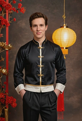 Full-body Lunar New Year portrait of me, lean athletic build, soft-androgynous charm, tailored outfit with gold accents, relaxed confident pose, magnetic eye contact, warm glowing lantern background, romantic festive vibe, realistic proportions