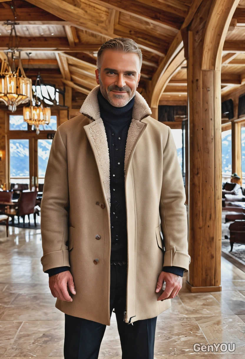 standing in a luxury ski lodge lobby, wearing a tailored coat, surrounded by opulent