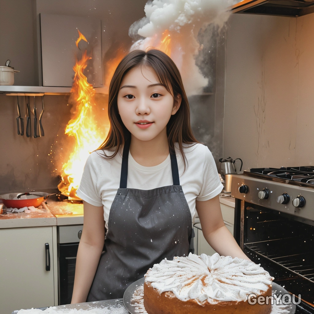 standing in a chaotic kitchen, covered in flour, holding a half-baked cake, while flames rise from the oven and smoke fills the air.
