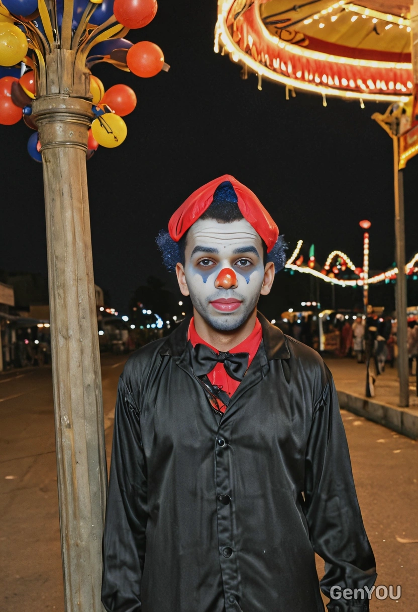 wearing a spooky clown costume, standing under a streetlamp in an empty carnival at night