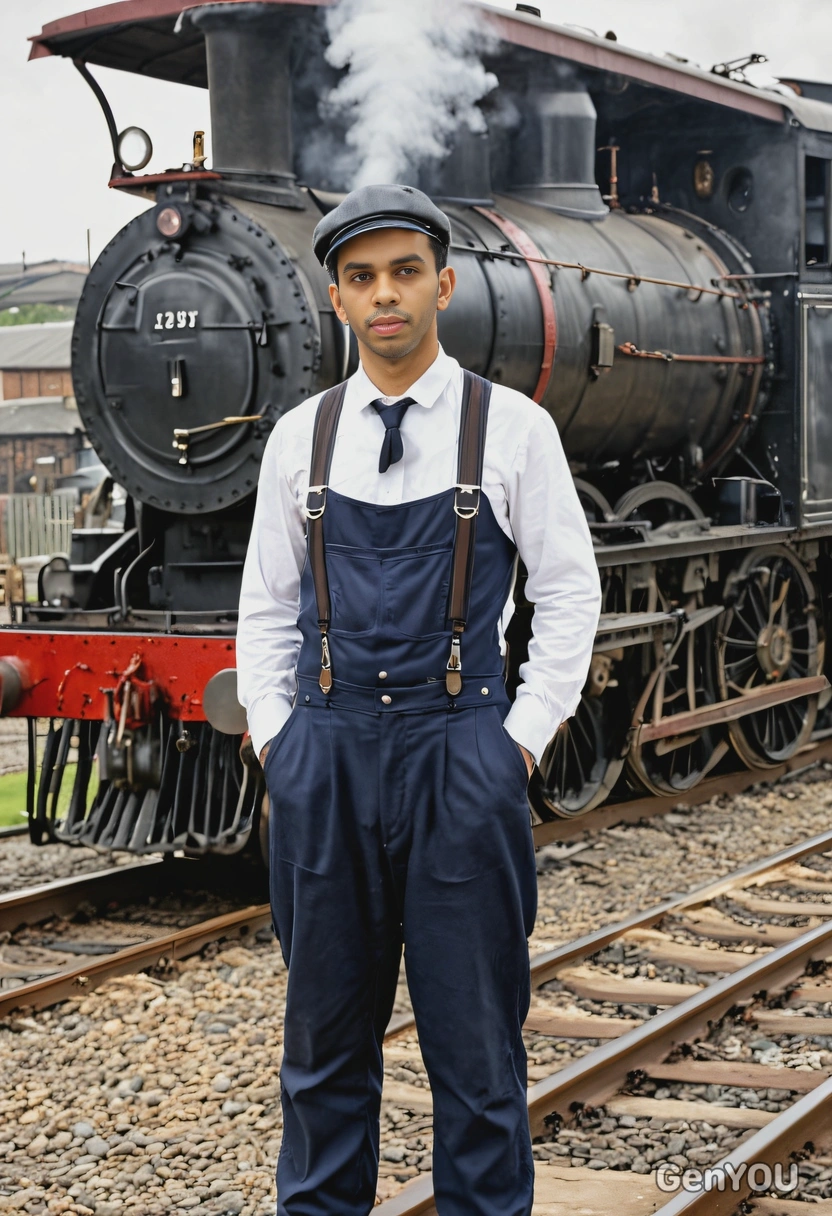 wearing a Victorian workman’s outfit, with a flat cap and suspenders, standing beside a steam locomotive in a railway yard
