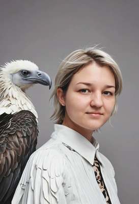 at photoshoot for fashion magazine with a real vulture bird, on blurred background, symmetrical details