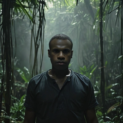 standing in the jungle confindent dark light portait blurred background movie still