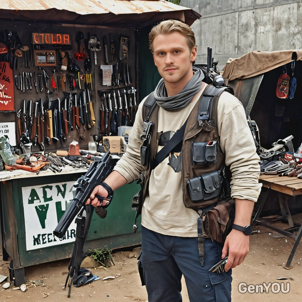 as a wasteland trader, by a makeshift stall, spreading hands in a welcoming gesture, selling scavenged guns, gear, with a rusting metal kiosk behind, post-nuclear wasteland