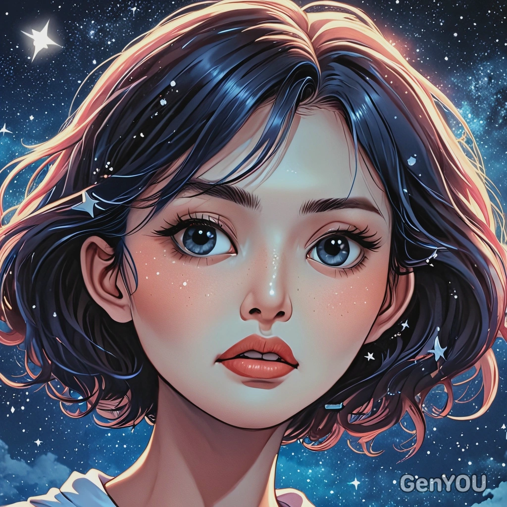 floating through a celestial dreamscape with stars, anime style, big eyes, manga drawing