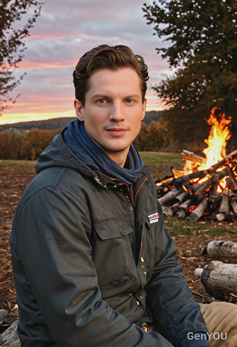 Sitting in front of a bonfire, with an autumn sunset in the background