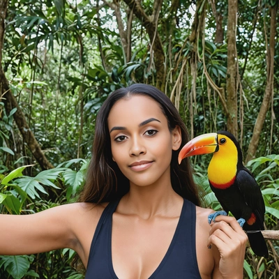 with a toucan in the Amazon rainforest