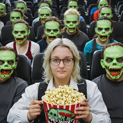 as a street fighter, zombie apocalypse, smart casual clothes, holding a popcorn, green zombie heads, green zombies on theater seats, looking straight at camera, vivid colors, high-quality cinematographic style