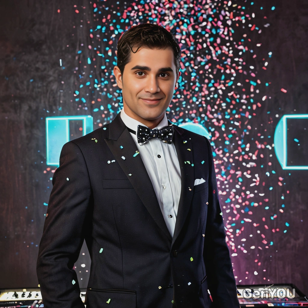 a man in a stylish suit and bowtie, standing in front of a DJ booth with confetti falling around, illuminated by flashing neon lights, half body portrait 