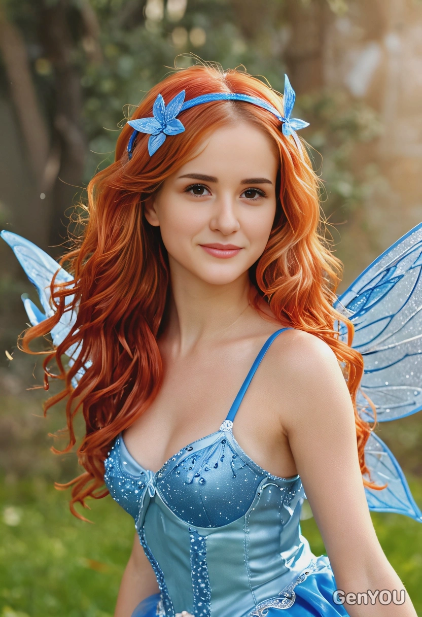 as Bloom from Winx Club, with fiery red hair styled in loose waves, wearing her blue fairy outfit with sparkling wings, soft focus, blurred background