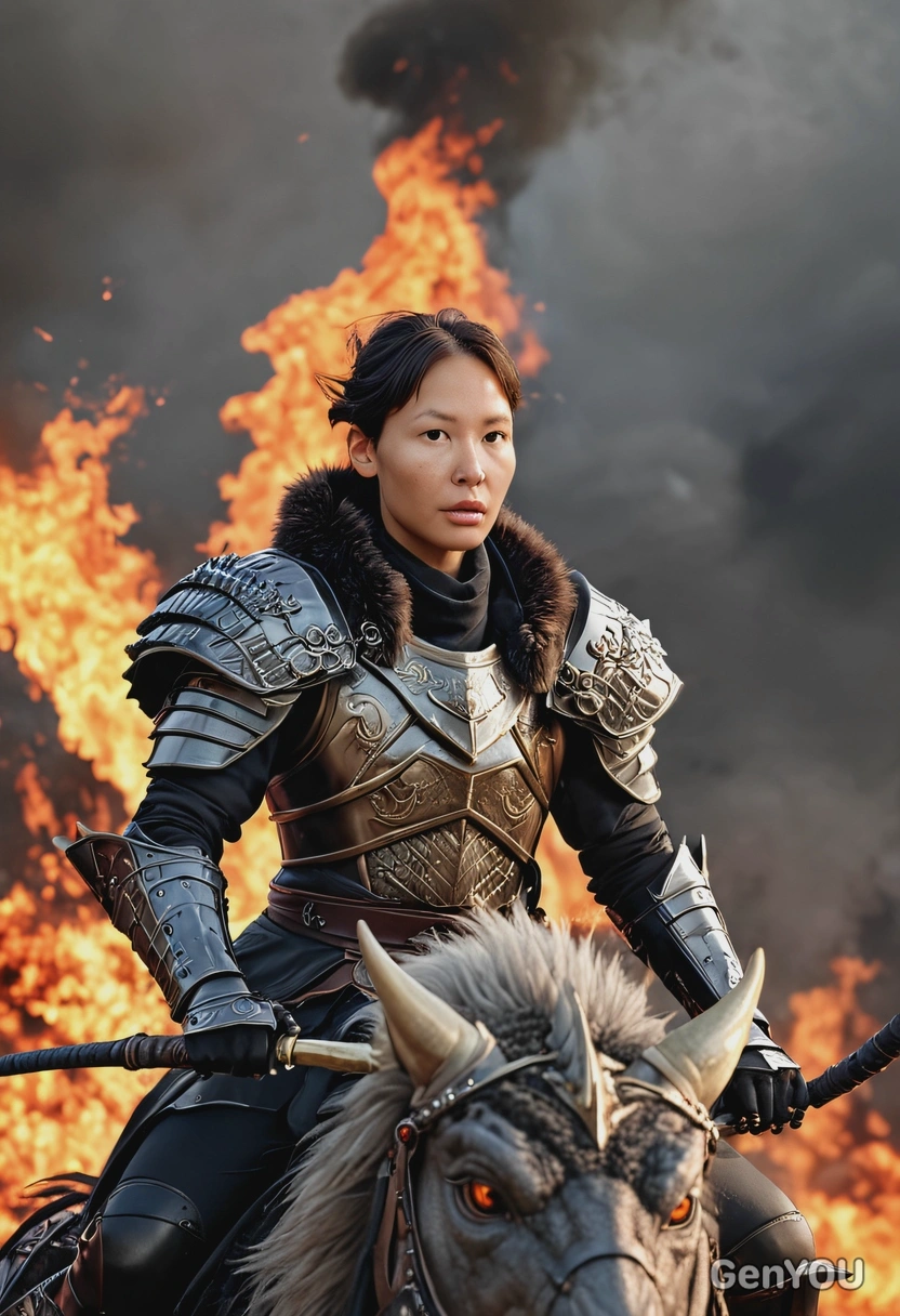as a warlord, armor, fur coat, riding on a dragon, fire burning on background, symmetrical details, video game style, blurred background