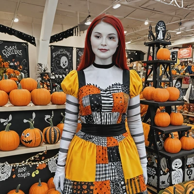 dressed as Sally from The Nightmare Before Christmas, standing near a pumpkin display with her patchwork dress