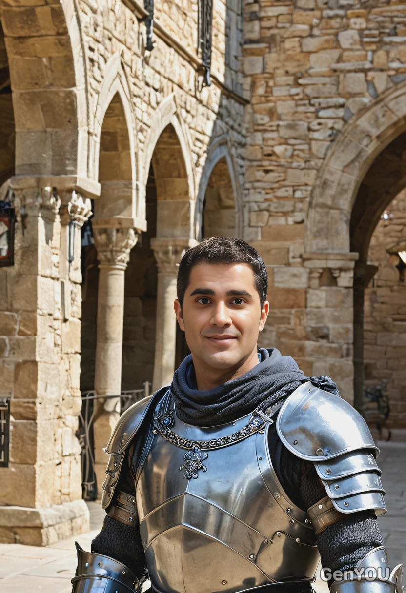 a royal knight in shining armor, standing in a courtyard with stone archways and banners fluttering in the wind, half body portrait 