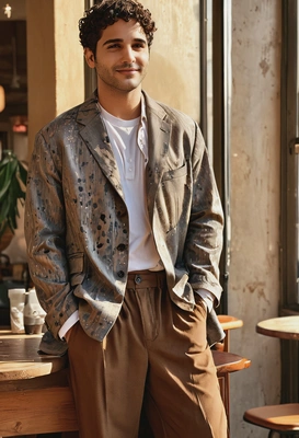 Iphone camera hyperrealistic face skin stylish baggy suit artsy paint blots brown pants