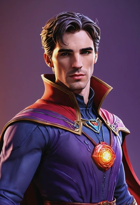 3D cel-shading comic book style, Doctor Strange from Marvel Rivals, detailed textures with vibrant colors, high-definition purple and red costume, glowing Time Stone on neck, confident expression, dynamic pose, waist-up frame, bright background with soft lighting
