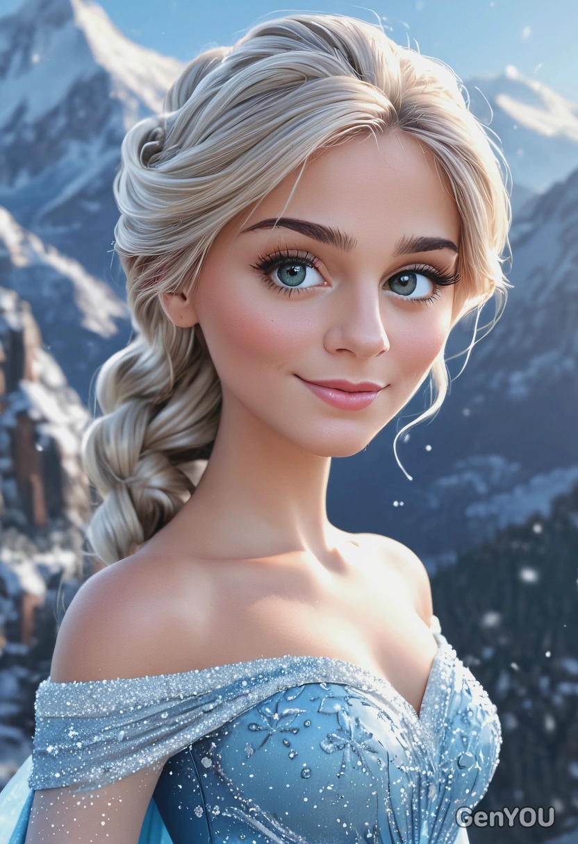 3D cartoon Disney style, Elsa from Frozen, oversized cartoon big sparkling eyes, waist-up portrait, wearing an icy-blue gown, serene pose, snowy mountain background with soft glowing light