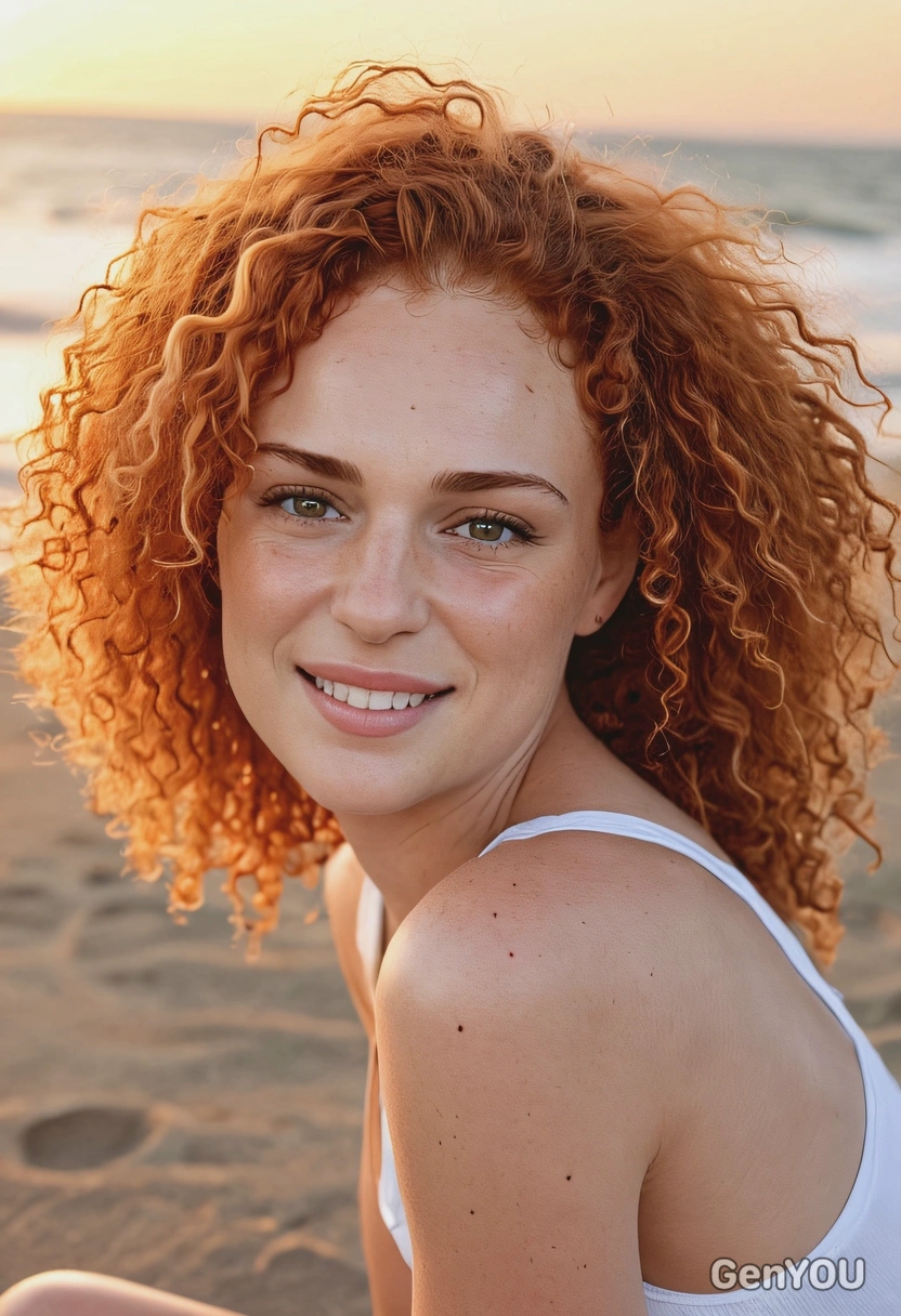 sharp skin texture details, mid-body photo, sitting on the beach, closed soft smile, afro long ginger hair, sunset on the background