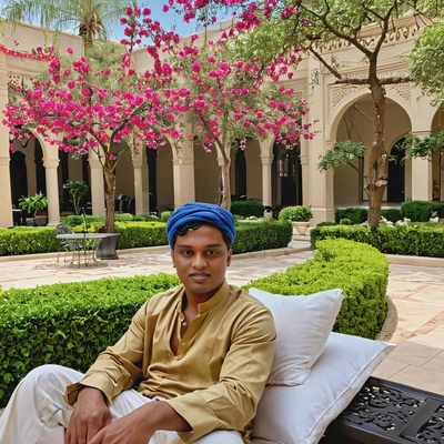 relaxing in a luxury hotel courtyard, surrounded by blooming trees 