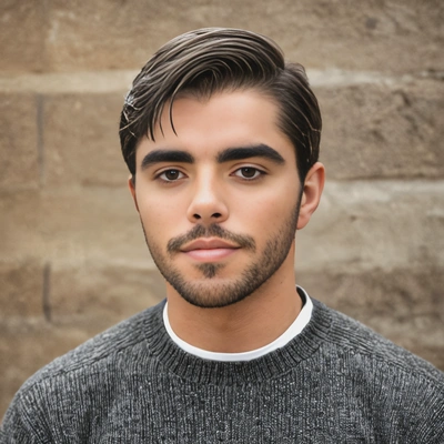 classic Caesar cut with a textured top and smoky silver finish, soft focus, blurred background