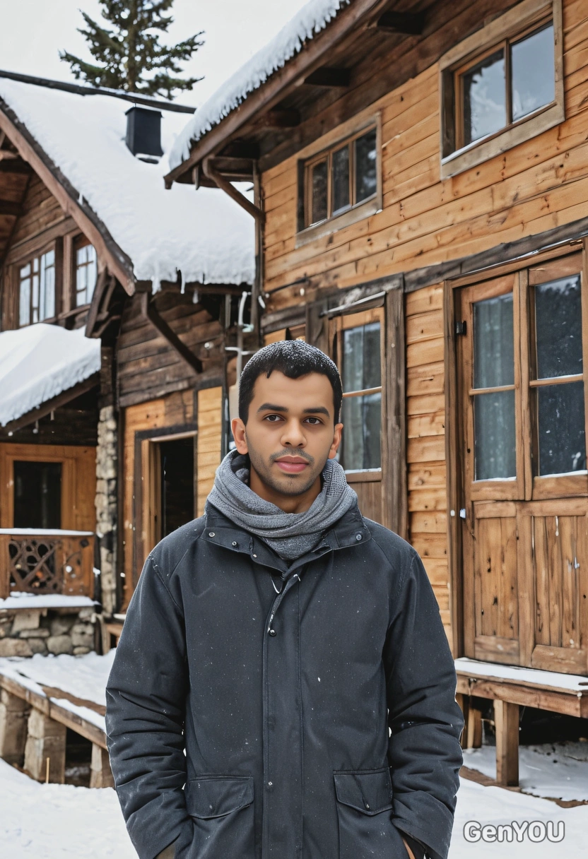 standing in front of a rustic chalet in winter